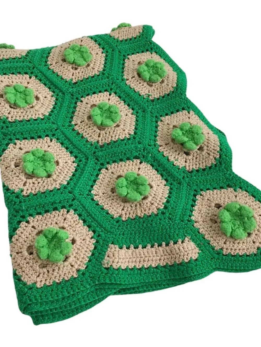 Vintage 3D Flower Handmade Crochet Granny Squares Hexagon Afghan Blanket Throw